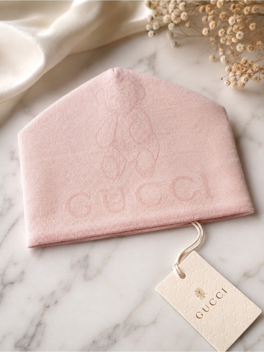Authentic Gucci Baby Pink GG Monogram Wool Beanie Hat 12-24M NWT